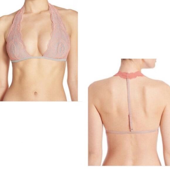 FREE PEOPLE Orange Gray Get Down Halter Bra Lace Size Small lingerie Feminine - Picture 1 of 9